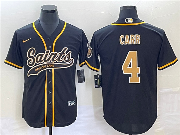 Men's New Orleans Saints #4 Derek Carr Black With Patch Cool Base Stitched Baseball Jersey - Click Image to Close